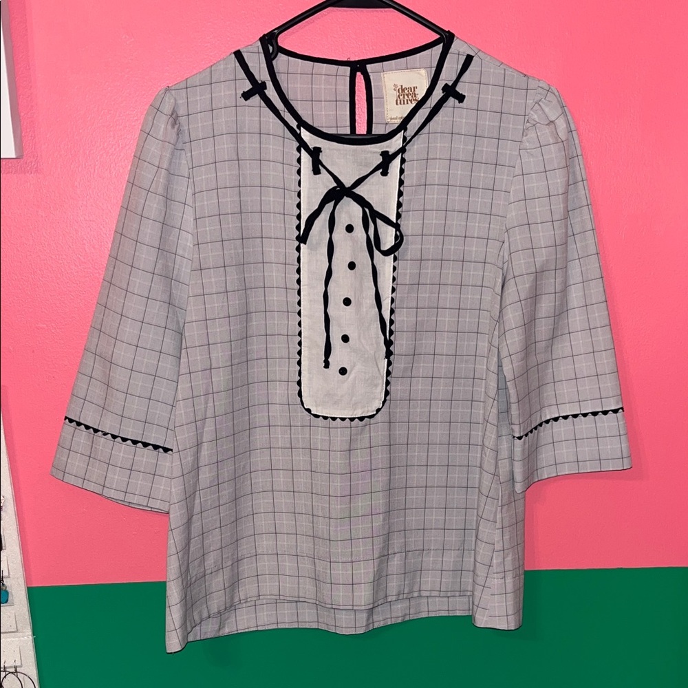 Dear Creatures Gray Plaid Blouse with Black Accents